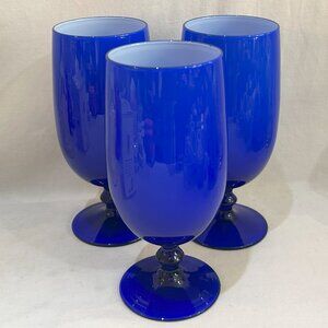 Set of 3 Carlo Moretti Cobalt Blue & White Stem Glass Drinking Goblets Italy VTG